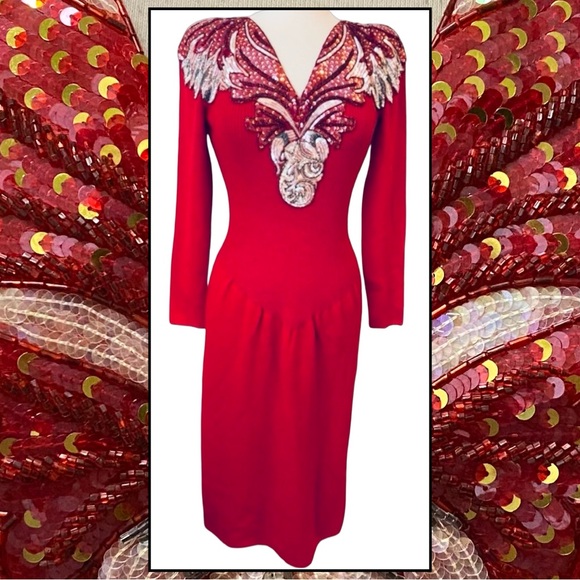 Vtg PAT SANDERS for Wellmore Saks Fifth Ave Red Santana Knit Jeweled Dress 8 - Picture 1 of 7